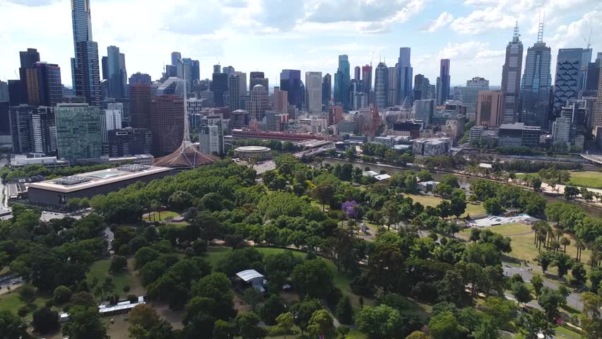 Flying to the skyline of Melbourne, Victoria Australia