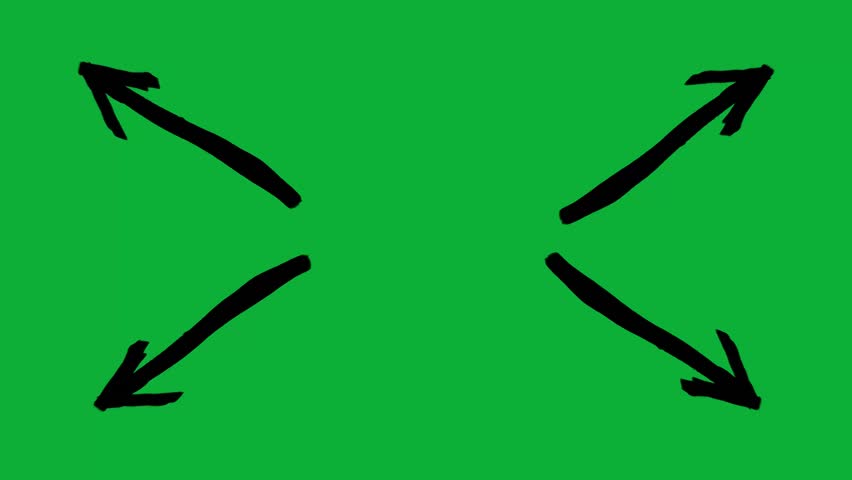 Black Paint Brush Stroke Arrows Pointing Toward Four Corners on Green Background, Hand-Drawn Ink Arrow Animation Frame, Artistic Direction Marker for Motion Graphics and Text Title Reveal Design