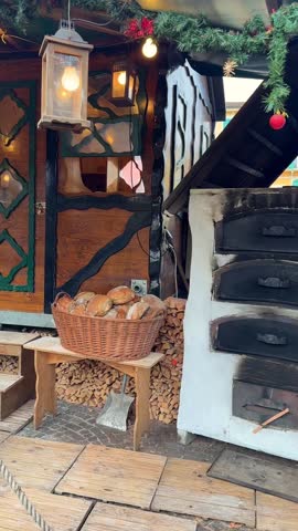 Charming rustic wooden Christmas market stall with artisanal bread and pastries in woven baskets. Oven, stacked firewood, hanging lantern, and festive decorations create warm holiday vibes