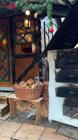 Charming rustic wooden Christmas market stall with artisanal bread and pastries in woven baskets. Oven, stacked firewood, hanging lantern, and festive decorations create warm holiday vibes