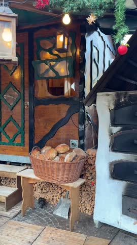 Rustic wooden Christmas market booth selling artisanal bread and pastries in woven baskets. Oven with stacked firewood, hanging lantern, and festive decorations create cozy holiday atmosphere