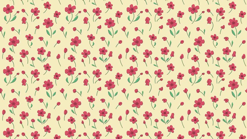 Seamless hand drawn floral pattern video with pink flowers in bloom on yellow background with green leaves and black lines. Could be used as wallpaper or background for any content, loops continuously