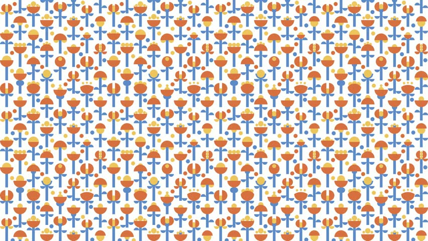 Seamless geometric pattern video with flowers with blue stems and leaves on white background.  Could be used as wallpaper or background for any content, loops continuously. 