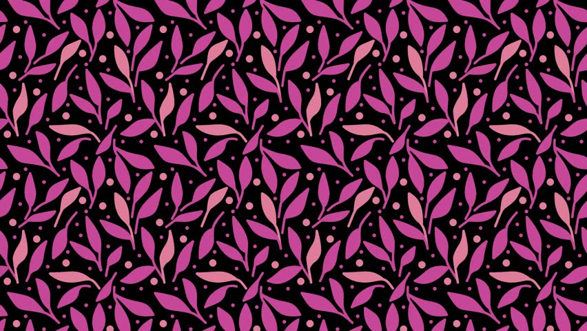 Seamless pattern video with pink leaves on black background with pink little circles. Could be used as wallpaper or background for any content, loops continuously. 