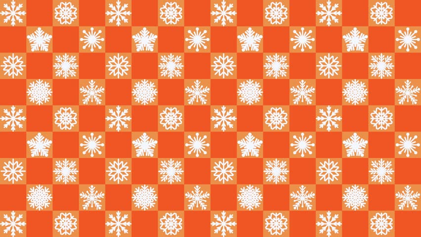 Christmas pattern video with white snowflakes on orange squares background. Could be used as wallpaper or background for any content, loops continuously. 