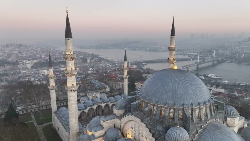 Suleymaniye Mosque (Suleymaniye Cami) in the Magnificent Sunrise Lights Drone Video, Istanbul Silhouettes Suleymaniye, Fatih Istanbul, Turkiye (Turkey)