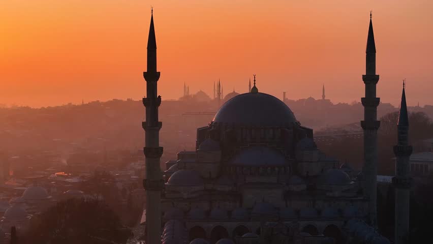 Suleymaniye Mosque (Suleymaniye Cami) in the Magnificent Sunrise Lights Drone Video, Istanbul Silhouettes Suleymaniye, Fatih Istanbul, Turkiye (Turkey)