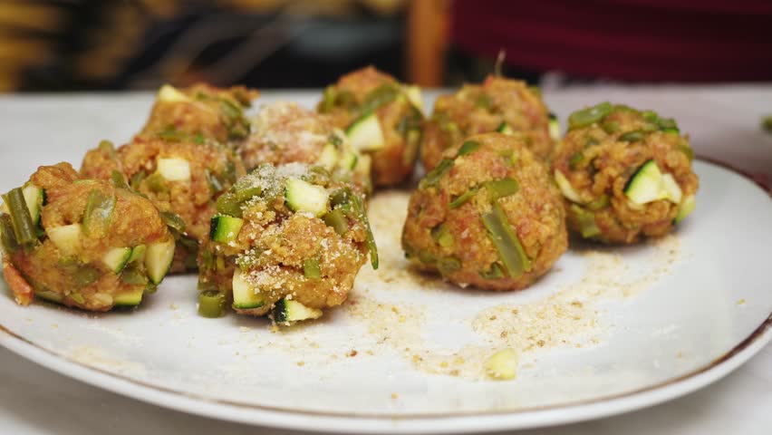 Close-up shot of a woman’s hands arranging warm homemade meatballs on a plate in a real Italian kitchen