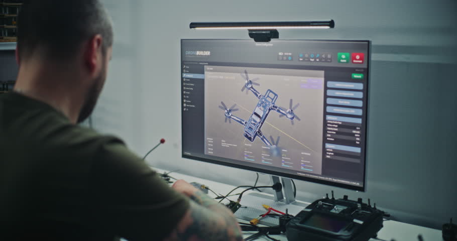 Male Engineer With Visible Tattoos Sits at Computer, Designing FPV Drone Model Using Specialized 3D Software For Drone Testing. Concept Technical Process Product Development and Digital Engineering.