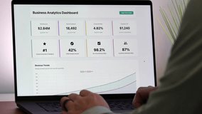 Business professional analyzing colorful sales funnel, ROI, inventory dashboards on laptop - Perfect for SaaS, analytics, fintech, data themes - Powered by Shutterstock - Get 15% off with code: PIKWIZARD15