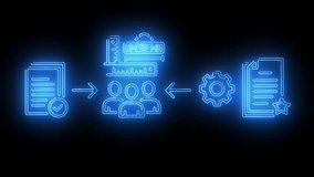 Neon blue workflow showing documents, charts, and gears illustrating digital processing, data review, and operational automation in a futuristic interface. - Powered by Shutterstock - Get 15% off with code: PIKWIZARD15