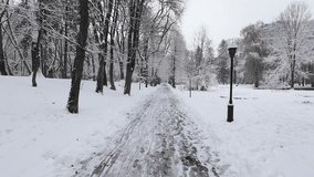 A peaceful winter scene in a snow-covered park. Footprints mark the path winding through the bare trees. A vintage black lantern post stands guard on the right. - Powered by Shutterstock - Get 15% off with code: PIKWIZARD15