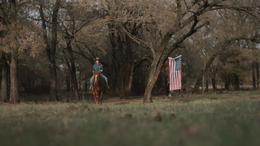Cowgirl Woman With Braid and Scarf Wearing Cowboy Hat and Denim Jacket Sitting On Brown Horse With American Flag and Tree in Field in the Background