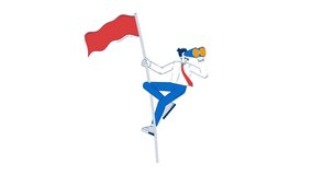 Vision for good financial future doodle animation. Forward looking ahead. Businessman climbing flagpole with binoculars animated 2D flat cartoon concept, white background. 4K video motion graphic - Powered by Shutterstock - Get 15% off with code: PIKWIZARD15
