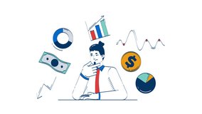 Businessman analyzing financial data and trends doodle animation. Investment planning. Economic forecast. Market research animated 2D flat cartoon concept, white background. 4K video motion graphic - Powered by Shutterstock - Get 15% off with code: PIKWIZARD15