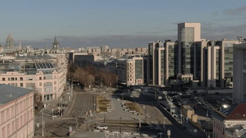Forward Drone Flight over Modern Urban Boulevard