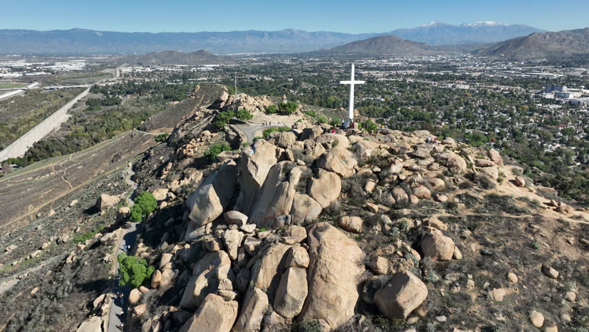 Riverside, California – Aerial Look at Mount Rubidoux Cross, Tower, and Trails Filled with Hikers in the Summer in the Inland Empire, Riverside, CA