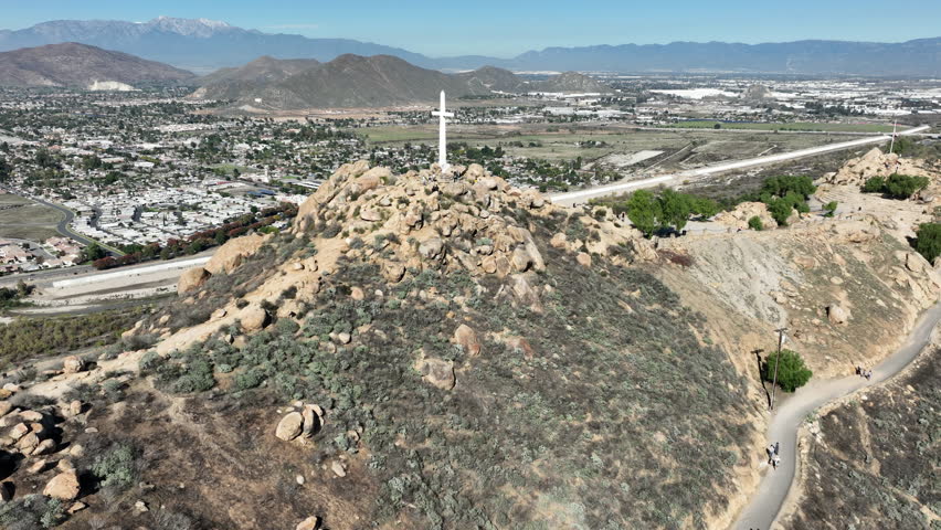 Riverside, CA – Drone View of Mount Rubidoux Summit with Scenic Views and Hikers in the Summer in Riverside, California, Inland Empire