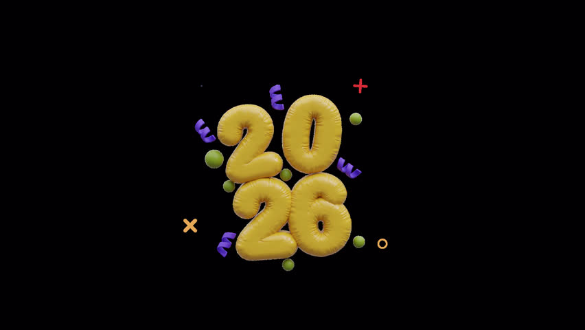 Shiny golden 2026 balloon number animation with floating confetti and festive motion. Ideal for New Year greetings, celebration videos, intros, and party promos. 6-sec loop with transparency.