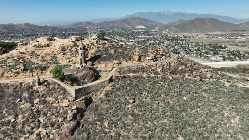 Riverside, California – Drone Footage of Mount Rubidoux Peak with Hikers and Historic Tower in a Sunny Day in Downtown Riverside, CA
