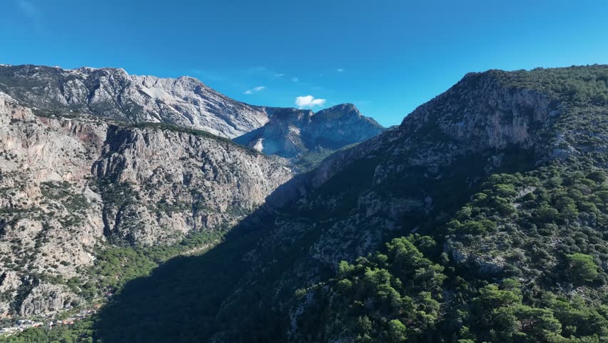 Aerial view of natural landscapes featuring mountains, forests, and open terrain.