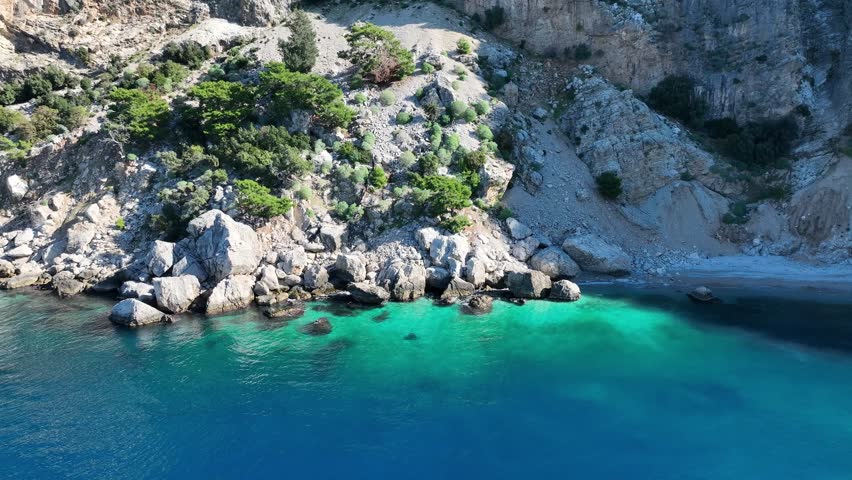 Top-down aerial view of waves crashing along a turquoise seashore on a bright summer day.