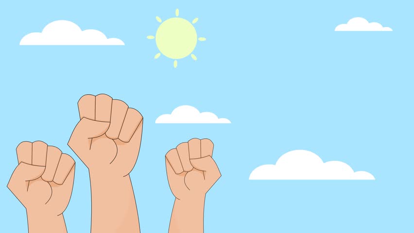 Animation featuring several fists clenching with a bright sky background and the text "International Human Rights Day". Humanity theme. simple animation. Motion graphic.
