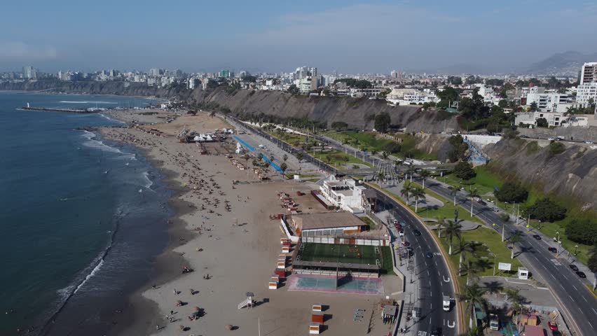 Aerial view of agua dulce beach in chorrillos district, lima, peru