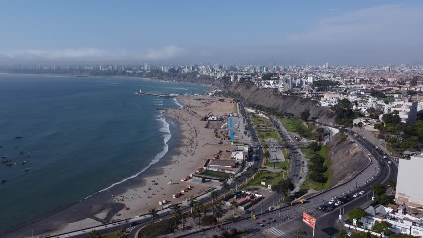 Aerial view flying over the costa verde highway and chorrillos beach in lima, peru