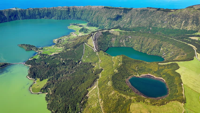Sao Miguel island, Azores, Aerial view over stunning view over crater lakes of Sete Cidades