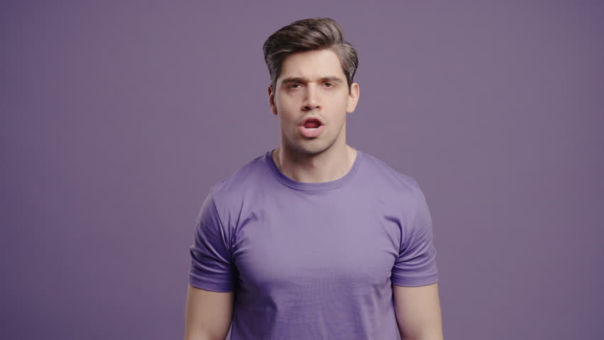 Serious Unyielding Man Disapproving With No Head Sign. Disagree Guy On Violet