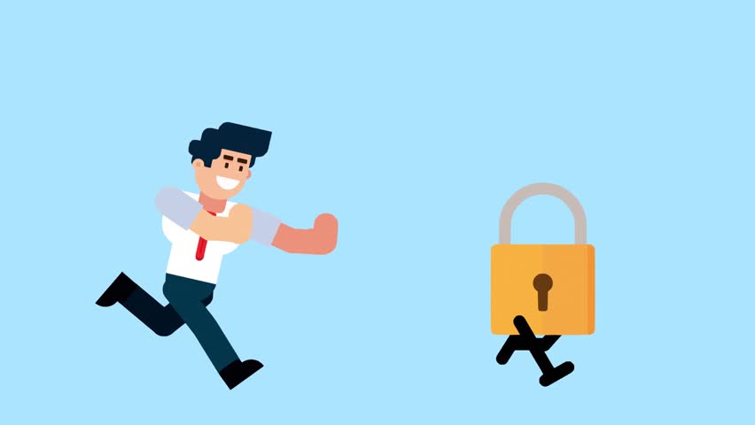A businessman runs after a walking padlock, symbolizing the pursuit of security, protection, or privacy, on a blue background.