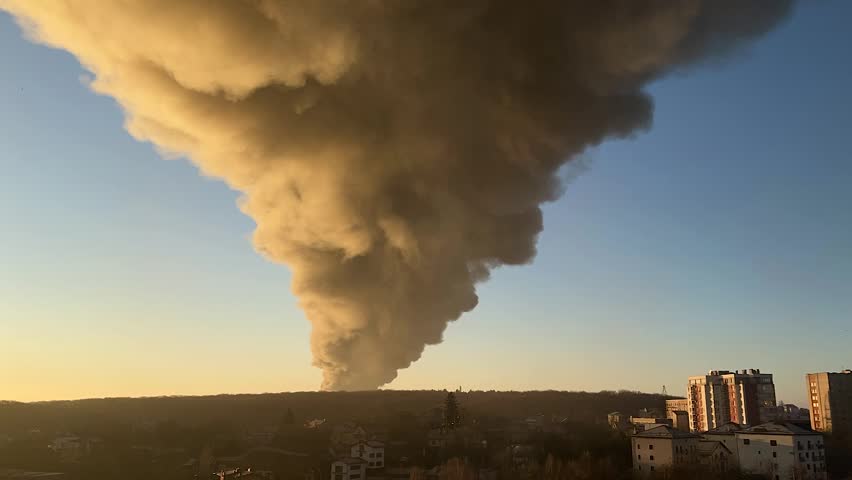 A plume of smoke rises in the sunrise after a Russian missile hit energy infrastructure and warehouses in Ukraine. Time lapse.