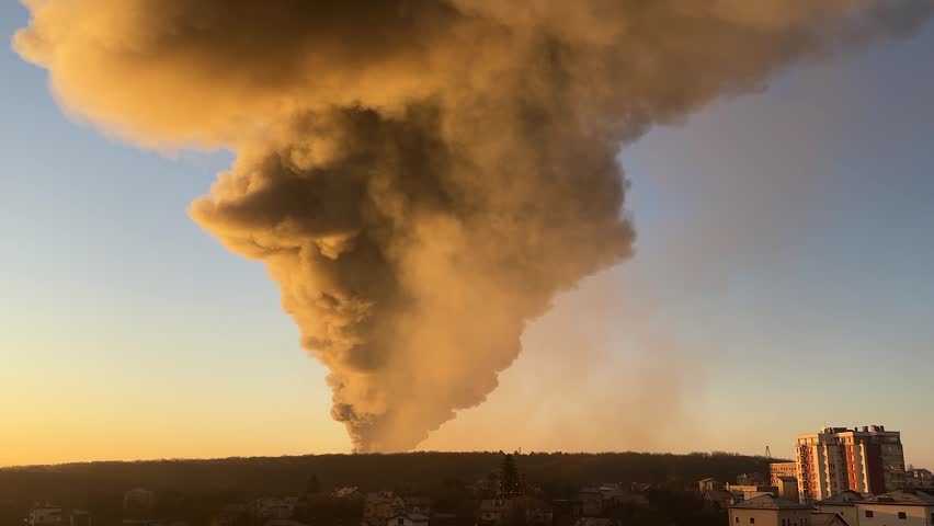 A plume of smoke rises in the sunrise after a Russian missile hit energy infrastructure and warehouses in Ukraine.