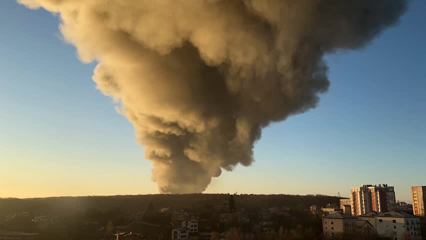 A plume of smoke rises in the sunrise after a Russian missile hit energy infrastructure and warehouses in Ukraine. Time lapse.