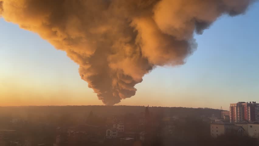 A plume of smoke rises in the sunrise after a Russian missile hit energy infrastructure and warehouses in Ukraine.