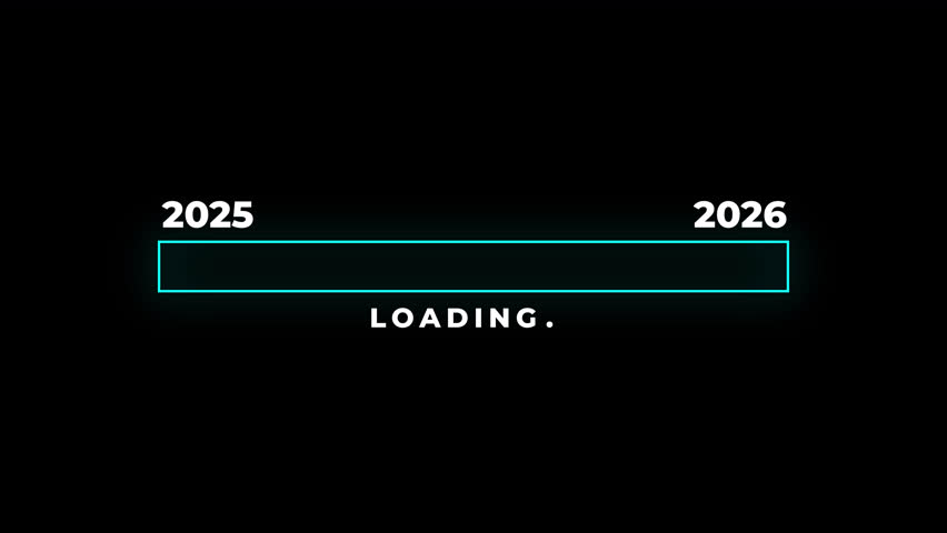Loading bar from 2025 to 2026 on black background. Suitable for technology concepts, future timeline progress, countdown visuals, and presentations.