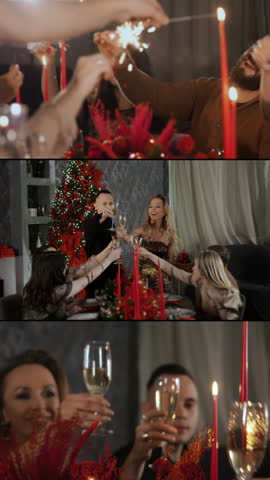 Vertical multiscreen of friends celebrating with sparklers and champagne toasts at festive holiday dinner table near Christmas tree, creating joyful warm party atmosphere.
