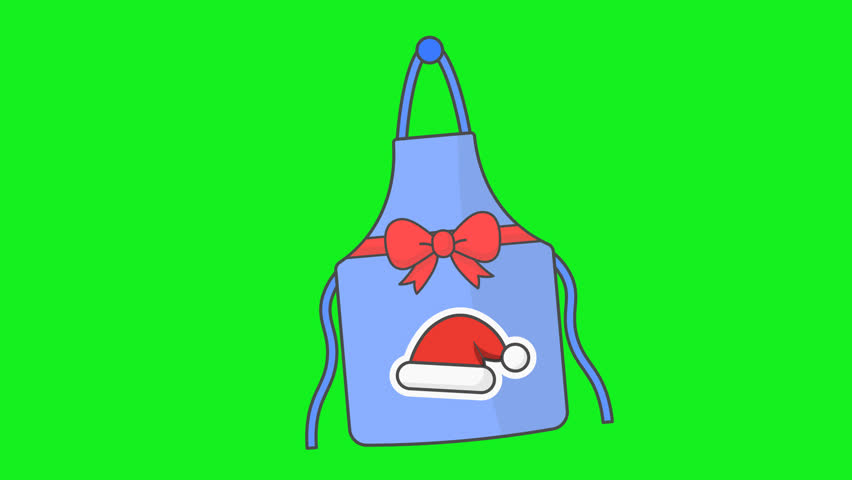 Santa apron tie knot. Corner apron fabric with tied waist knot. Small santa hat tag stitched on. Light cloth texture visible. Shown in a soft fabric swing motion pass with gentle garment movement.