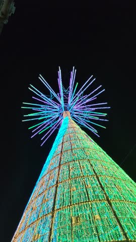 Upward Gaze into the Giant LED Christmas Tree: A Hypnotic Purple and Pink Color Changing Light Show