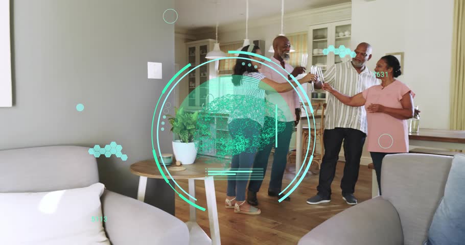 Four adults standing island-side while teal HUD appearing, demoing home tech, sharing phone pics. Gathering, conversation, device, openplan, livingroom, modern, sociable