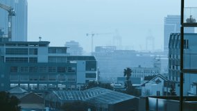 HUD activating above hazy skyline, reticle scanning, blips moving, counters rising, showing trends. Cityscape, urban, futuristic, visualization, analytics, monitoring, interface - Powered by Shutterstock - Get 15% off with code: PIKWIZARD15