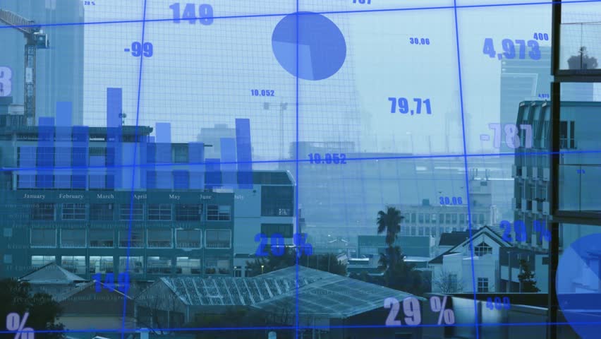 Large marker appearing, starting blue data overlay sliding and updating numbers visualizing metrics. Office, urban, cityscape, skyline, window, crane, palm