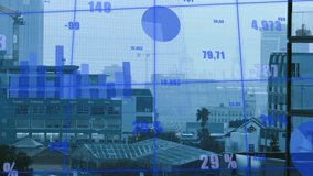 Large marker appearing, starting blue data overlay sliding and updating numbers visualizing metrics. Office, urban, cityscape, skyline, window, crane, palm - Powered by Shutterstock - Get 15% off with code: PIKWIZARD15