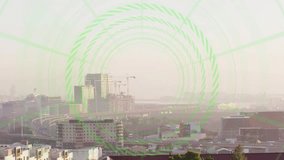 Neon-green HUD overlay activating on reticle lock, forming tunnel, rotating rings, scanning city. Futuristic, cyberpunk, urban, aerial, metropolis, skyline, holographic - Powered by Shutterstock - Get 15% off with code: PIKWIZARD15