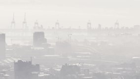 On data burst HUD overlay updating over skyline haze, showing shifting gauges, codes for monitoring. Cityscape, dashboard, futuristic, telemetry, urban, interface, neon - Powered by Shutterstock - Get 15% off with code: PIKWIZARD15