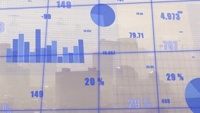 Translucent blue data dashboard updating from live feed, shifting charts and showing percent growth. Visualization, metrics, grid, glass, cityscape, office, futuristic - Powered by Shutterstock - Get 15% off with code: PIKWIZARD15