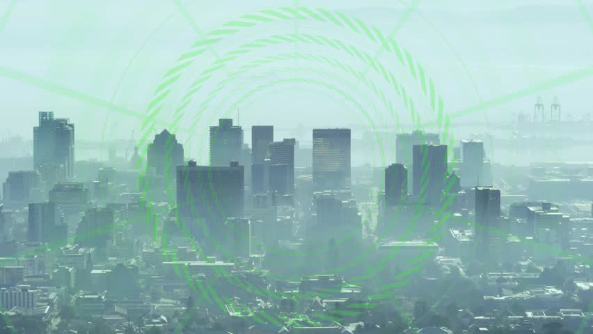 Reticle pulsing triggers HUD scanning skyline, tunnel forming, numbers scrolling to target downtown. Holographic, overlay, futuristic, data, streams, cityscape, urban - Powered by Shutterstock - Get 15% off with code: PIKWIZARD15