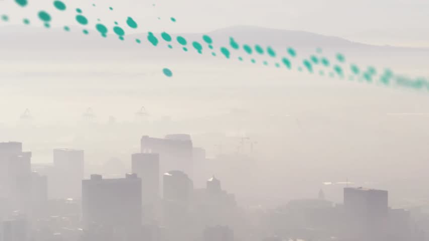 Data feed starting teal ribbon forming wave drifting right, fading over hazy skyline, showing data. Cityscape, urban, abstract, particles, overlay, motion, turquoise - Powered by Shutterstock - Get 15% off with code: PIKWIZARD15