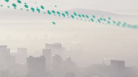 Data feed starting teal ribbon forming wave drifting right, fading over hazy skyline, showing data. Cityscape, urban, abstract, particles, overlay, motion, turquoise - Powered by Shutterstock - Get 15% off with code: PIKWIZARD15